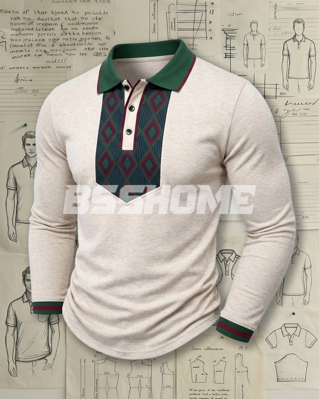 Men's Oatmeal and Green Collar Argyle Slim Fit Retro Casual Printed Long Sleeve Polo Shirt