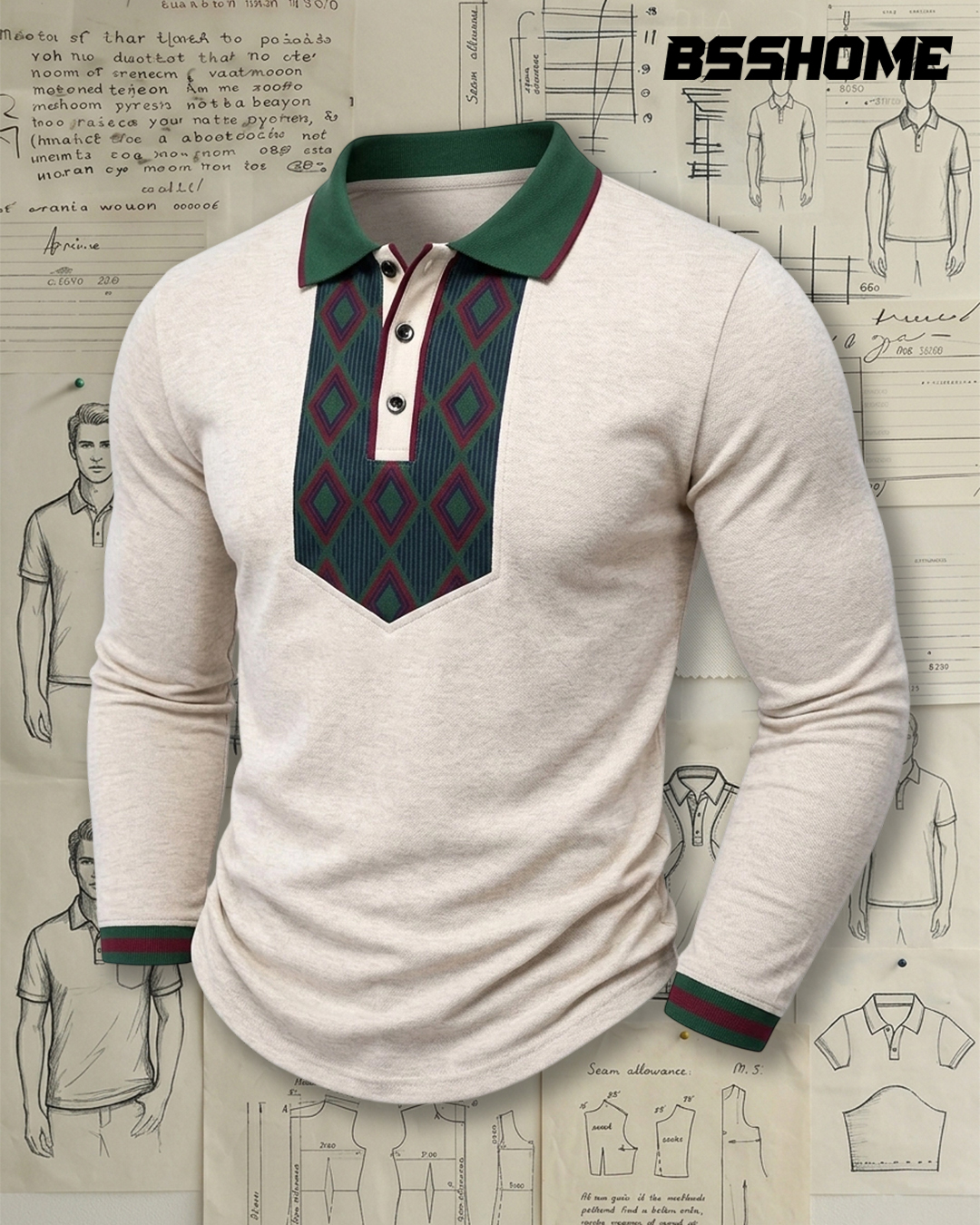Men's Oatmeal and Green Collar Argyle Slim Fit Retro Casual Printed Long Sleeve Polo Shirt