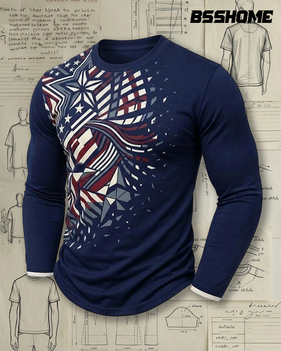 Men's Navy Red White Blue Star Geometric Slim Fit American Casual Printed Long Sleeve T-Shirt