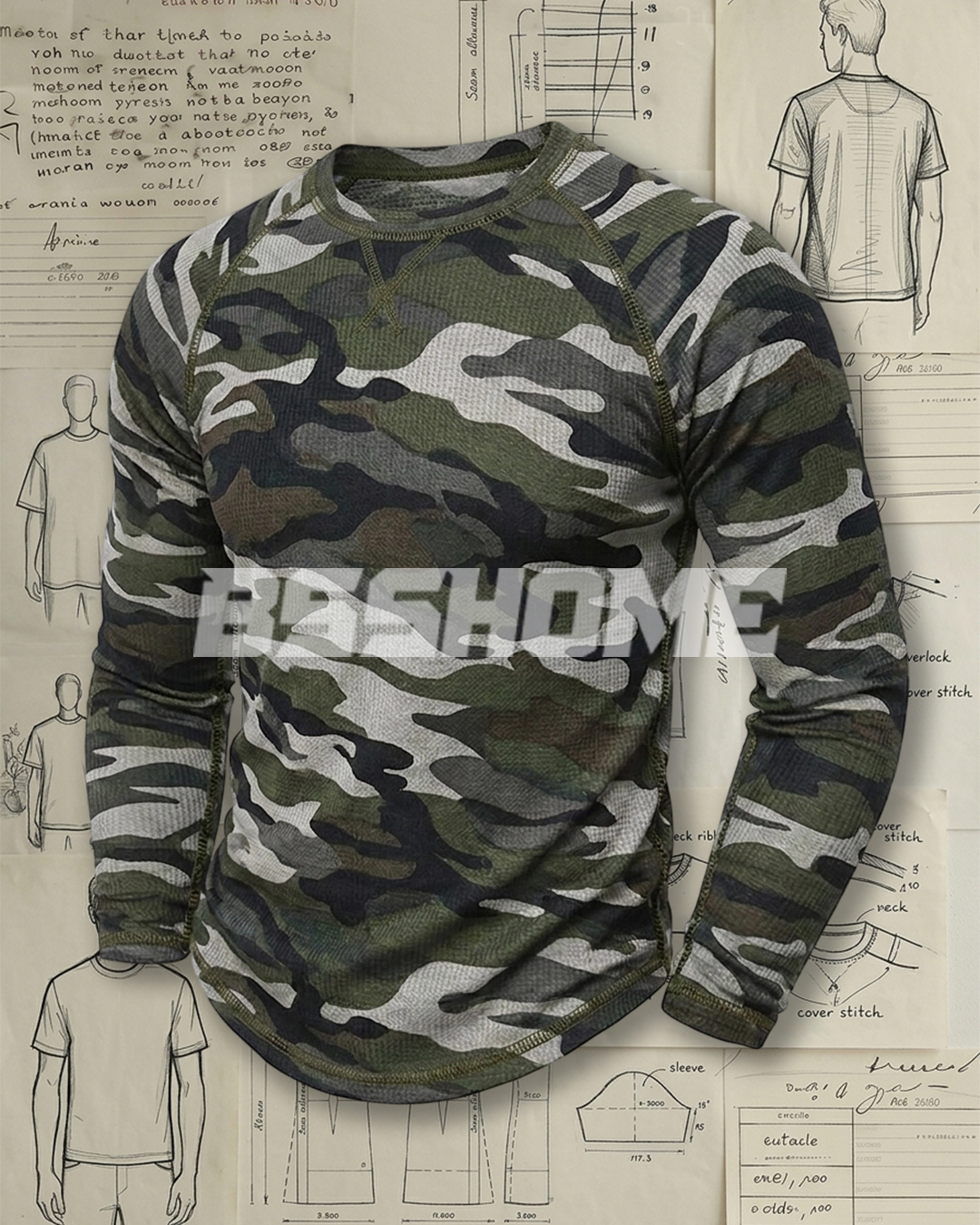 Men's Army Green Camo Waffle Knit Slim Fit Tactical Casual No-Print Long Sleeve T-Shirt
