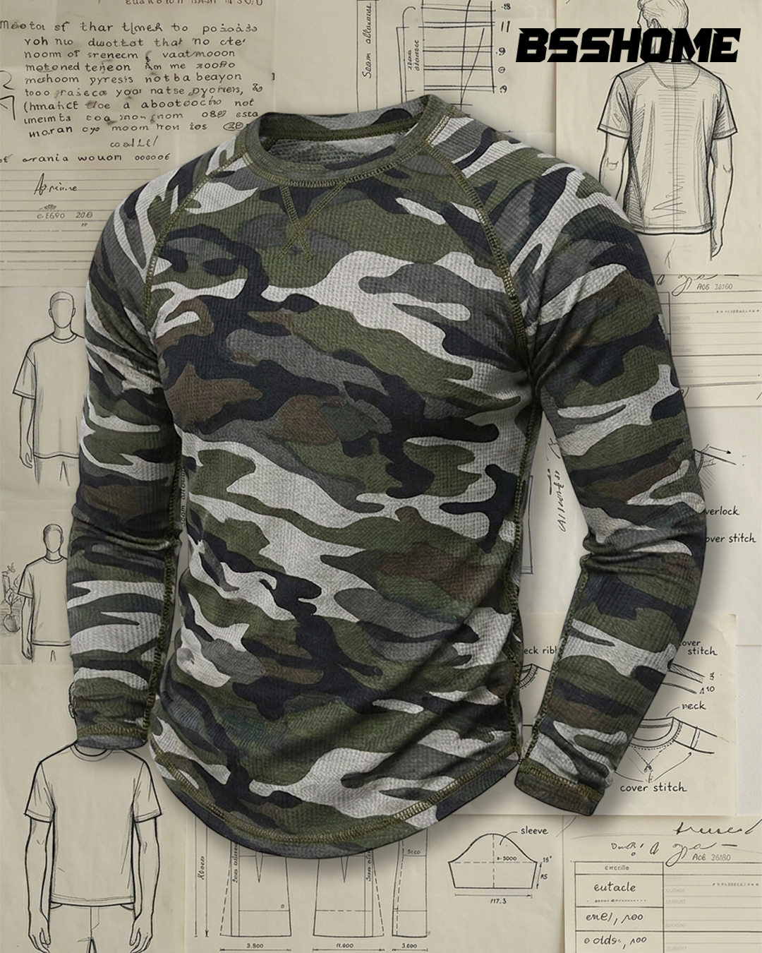 Men's Army Green Camo Waffle Knit Slim Fit Tactical Casual No-Print Long Sleeve T-Shirt