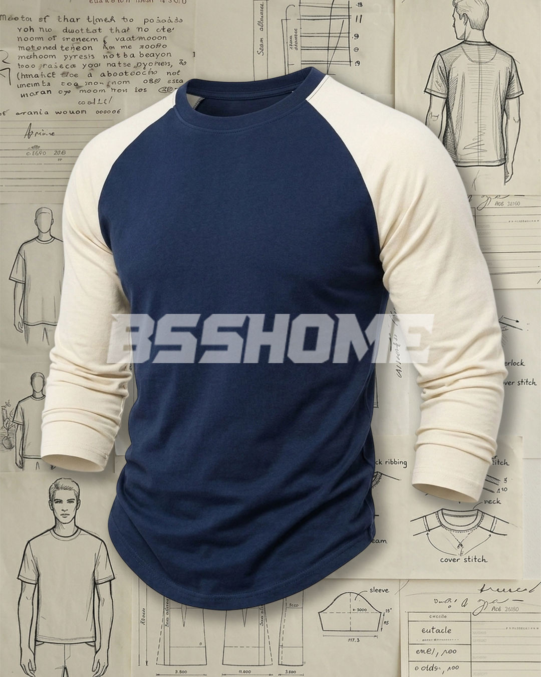 Men's Navy and Cream Color-block Raglan Slim Fit Retro Casual Plain Long Sleeve T-Shirt