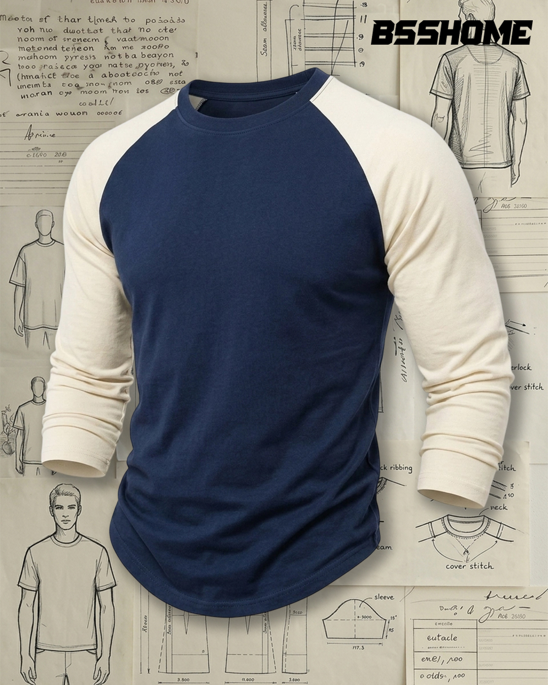 Men's Navy and Cream Color-block Raglan Slim Fit Retro Casual Plain Long Sleeve T-Shirt