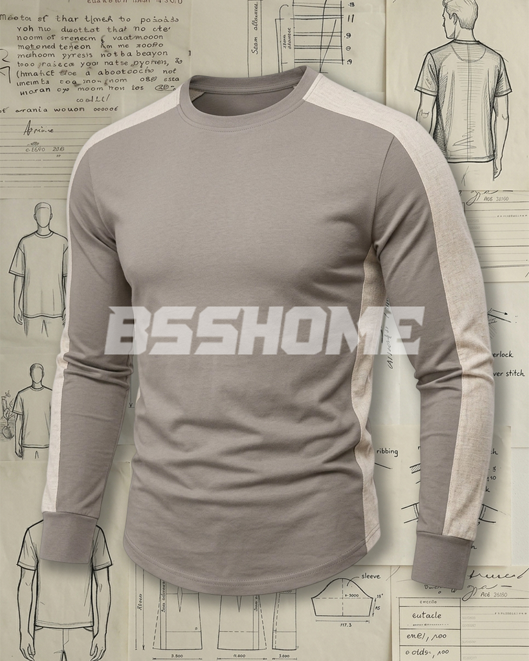 Men's Taupe and Cream Side Stripe Slim Fit Minimalist Casual Plain Long Sleeve T-Shirt