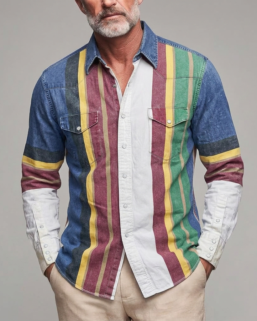 Men's Multicolor Stripe Regular Fit Retro Western Washed Denim Long Sleeve Shirt
