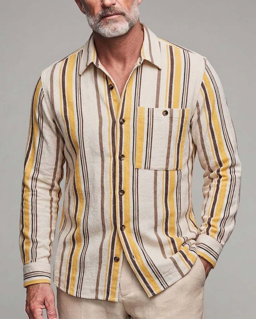Men's Cream Yellow Brown Stripe Regular Fit Retro Casual Textured Cotton Long Sleeve Shirt