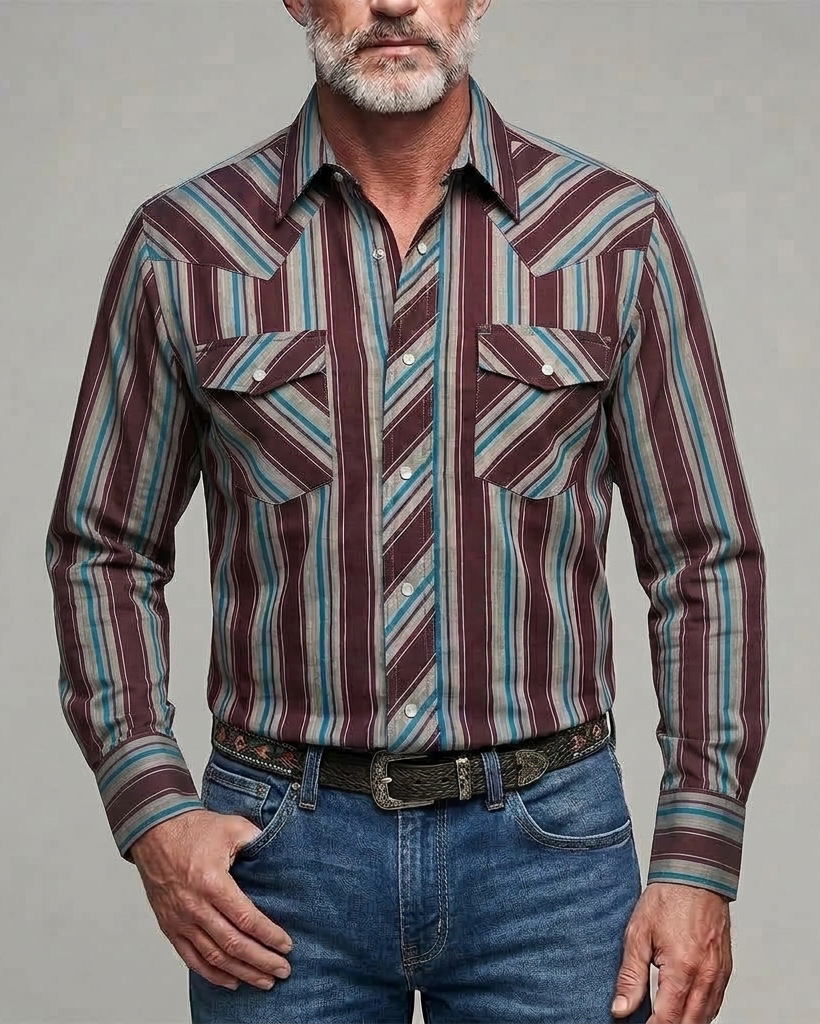 Men's Burgundy Teal Stripe Regular Fit Western Cowboy Cotton Long Sleeve Shirt