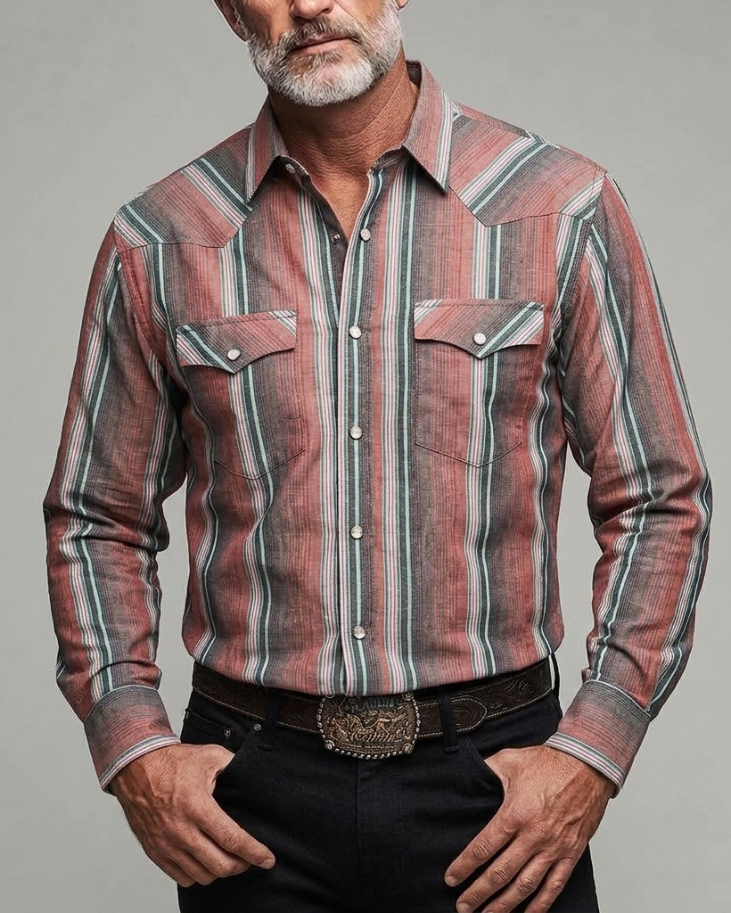 Men's Rust Red Teal Stripe Regular Fit Vintage Western Washed Cotton Long Sleeve Shirt