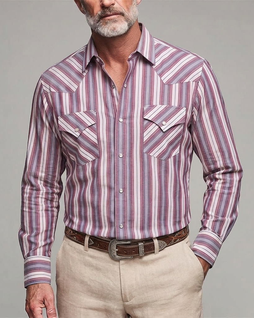 Men's Lavender White Stripe Regular Fit Western Cowboy Cotton Long Sleeve Shirt