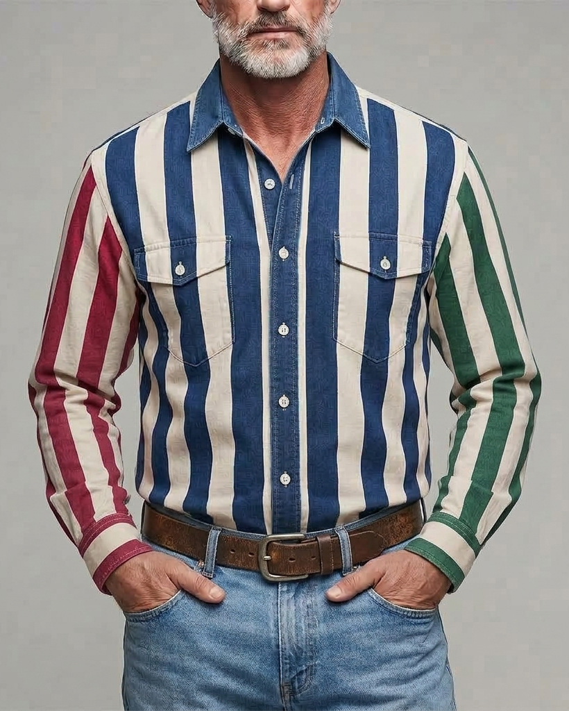 Men's Red Green Blue Block Stripe Regular Fit Western Retro Cotton Long Sleeve Shirt