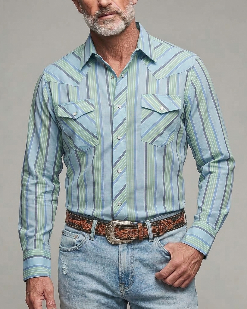 Men's Light Blue Green Stripe Regular Fit Western Cowboy Cotton Long Sleeve Shirt
