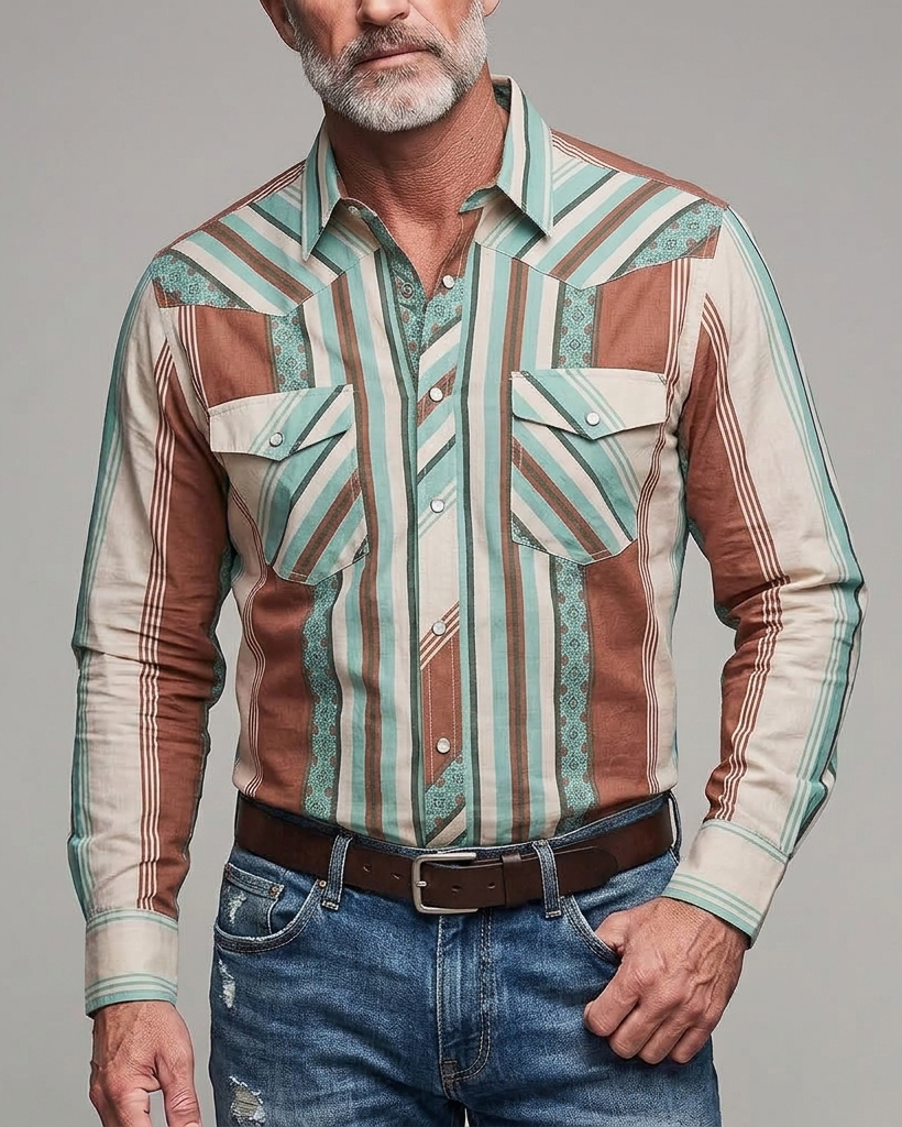 Men's Brown Teal Beige Stripe Regular Fit Vintage Western Cotton Long Sleeve Shirt