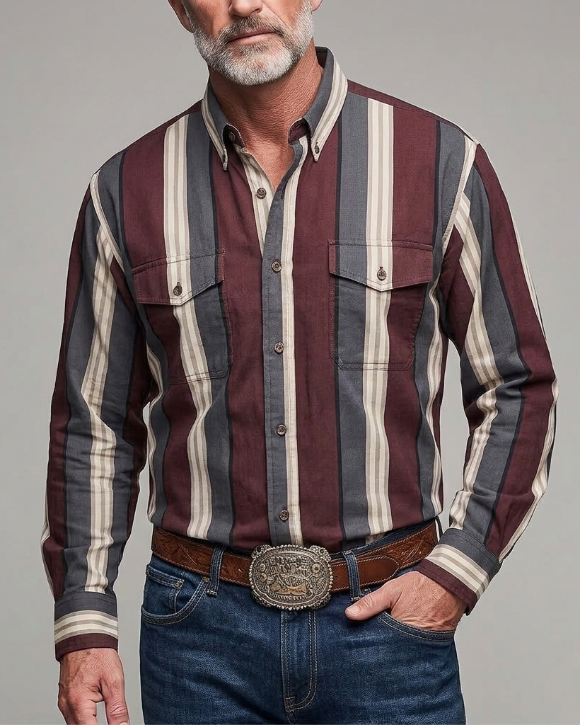 Men's Burgundy Grey Beige Stripe Regular Fit Retro Workwear Cotton Long Sleeve Shirt