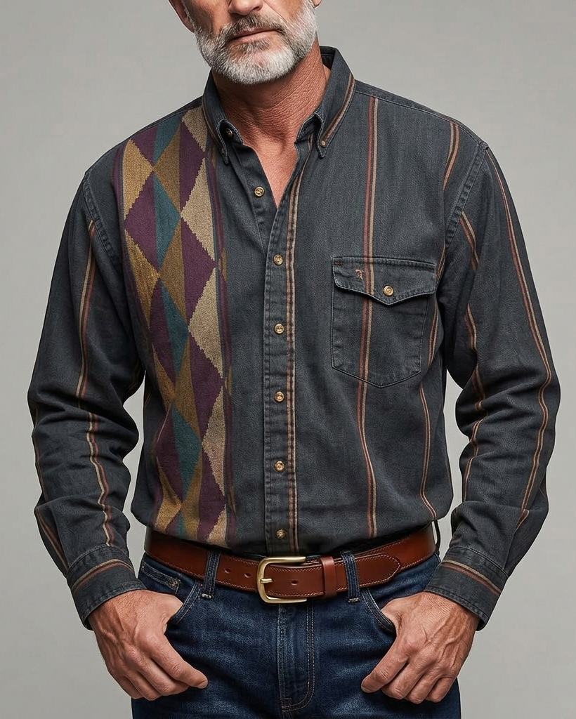 Men's Dark Navy Geometric Diamond Stripe Regular Fit Western Washed Denim Long Sleeve Shirt