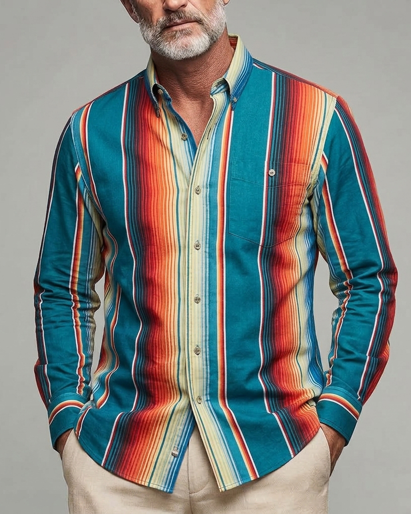 Men's Teal Orange Gradient Stripe Regular Fit Casual Cotton Button-down Long Sleeve Shirt