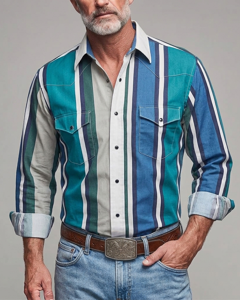 Men's Teal Grey Blue Stripe Regular Fit Western Retro Cotton Long Sleeve Shirt