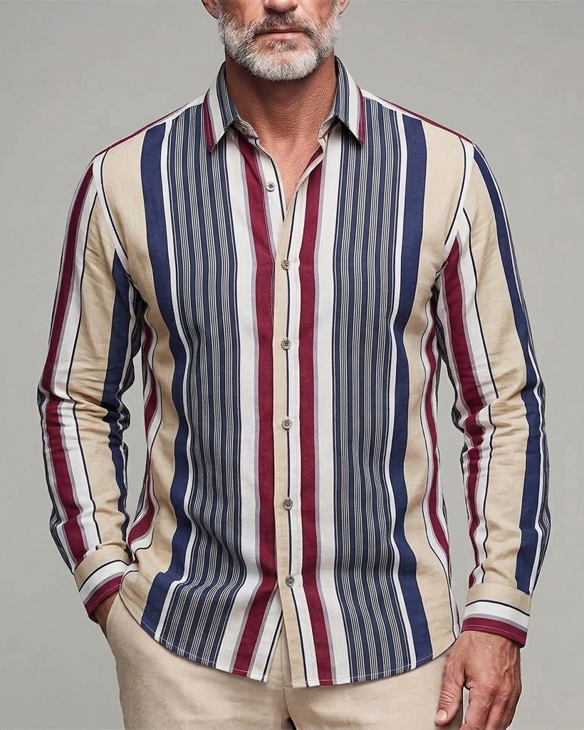 Men's Beige Navy Burgundy Stripe Regular Fit Retro Casual Cotton Long Sleeve Shirt