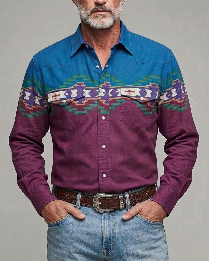 Men's Blue Purple Navajo Geometric Regular Fit Western Retro Cotton Long Sleeve Shirt