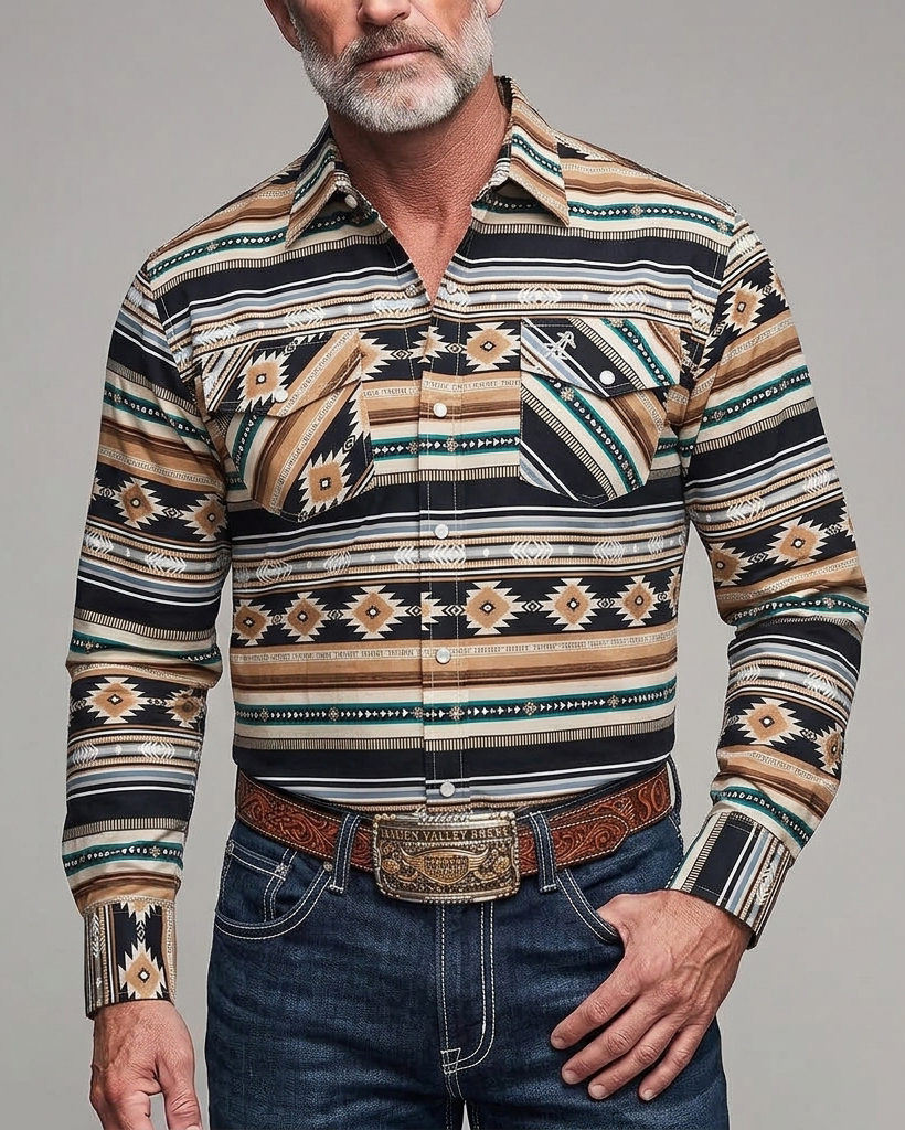 Men's Brown Black Navajo Geometric Regular Fit Western Retro Cotton Long Sleeve Shirt