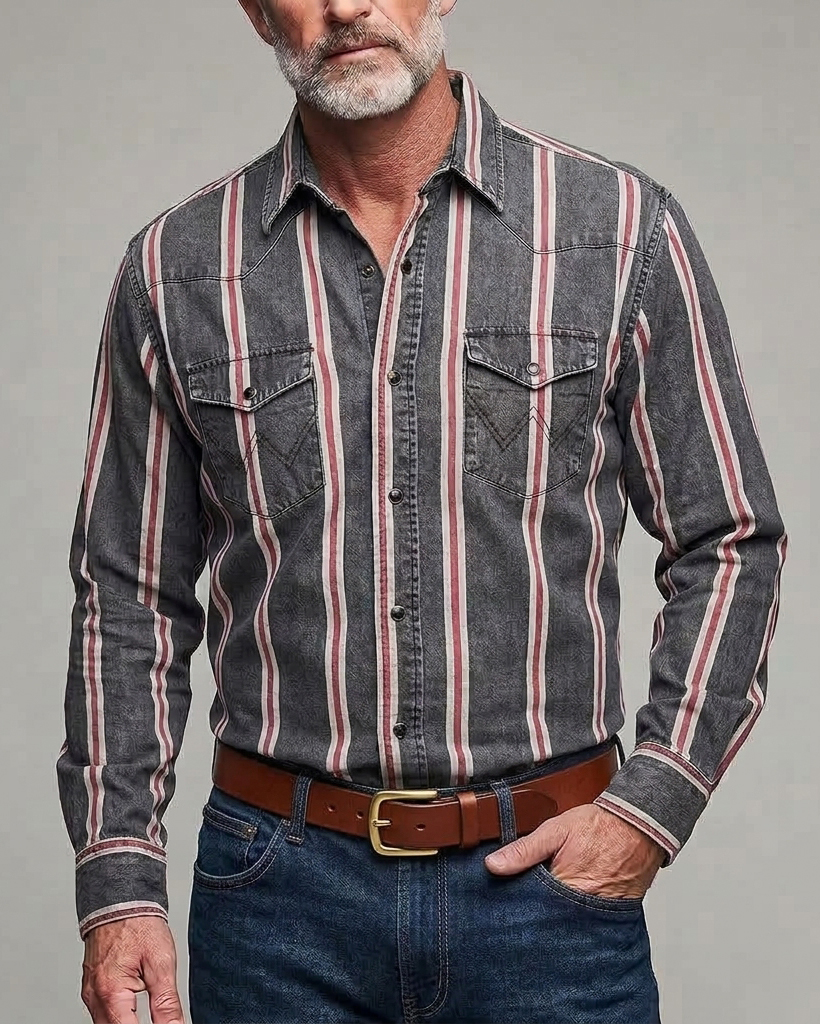 Men's Charcoal Burgundy Stripe Regular Fit Washed Western Denim Long Sleeve Shirt