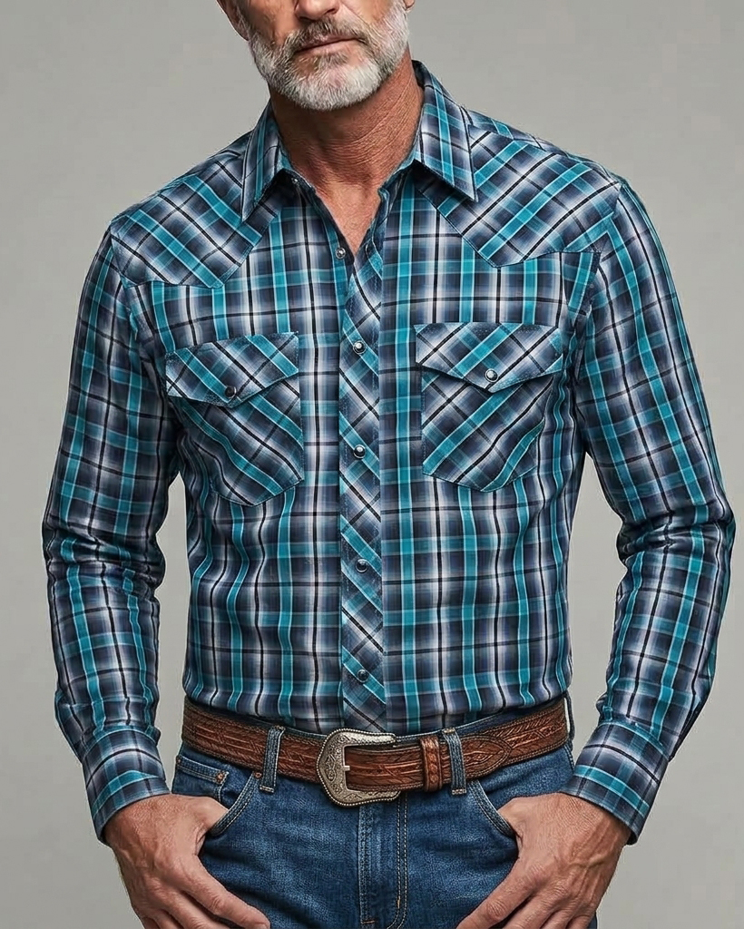 Men's Teal Navy Plaid Regular Fit Western Retro Cotton Long Sleeve Shirt