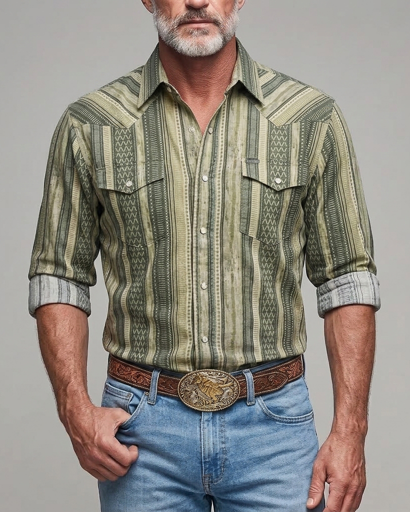 Men's Olive Khaki Ethnic Stripe Regular Fit Washed Western Cotton Long Sleeve Shirt