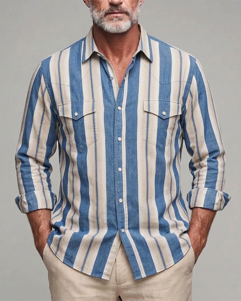 Men's Blue Beige Stripe Regular Fit Western Washed Denim Long Sleeve Shirt