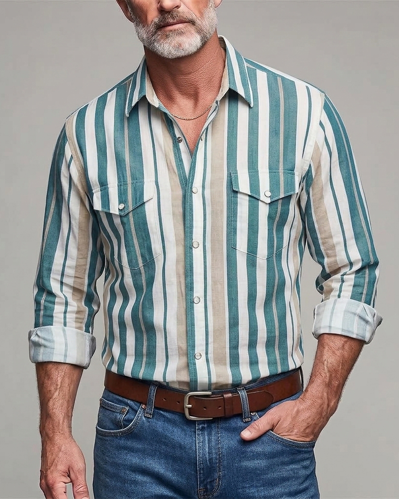 Men's Teal Khaki Stripe Regular Fit Western Casual Cotton Long Sleeve Shirt