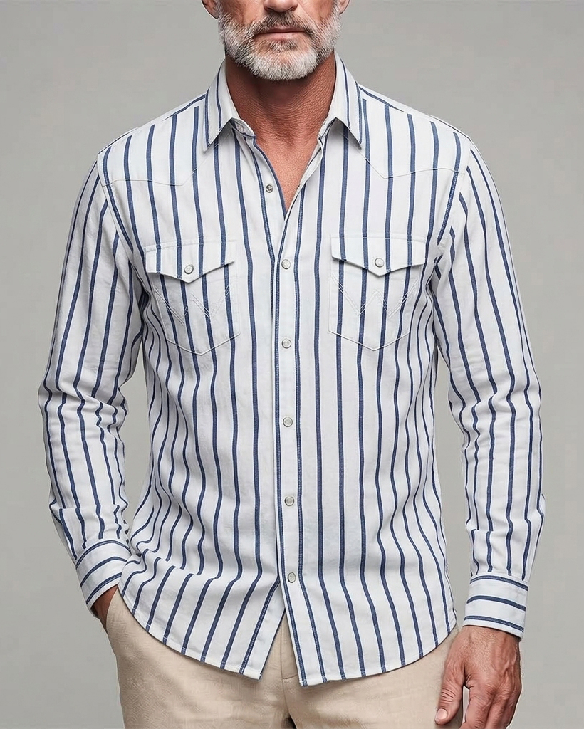 Men's White Navy Stripe Regular Fit Western Retro Cotton Long Sleeve Shirt