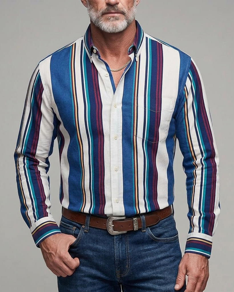 Men's Blue White Burgundy Stripe Regular Fit Retro Casual Cotton Long Sleeve Shirt