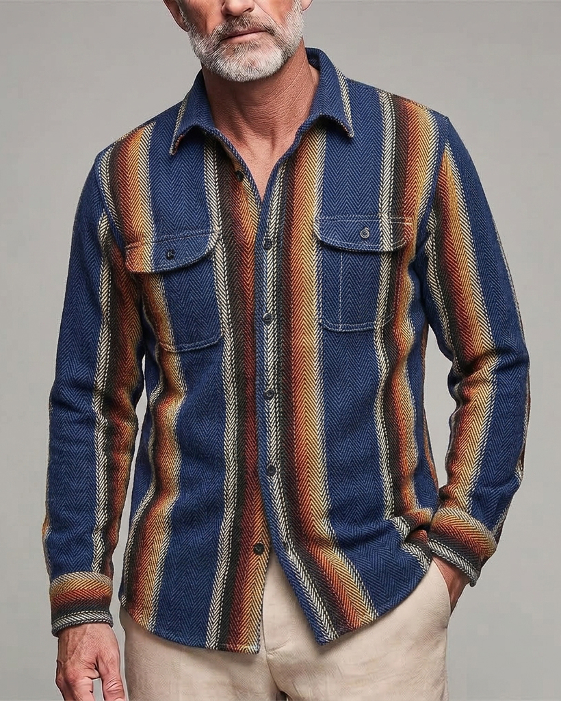 Men's Navy Orange Herringbone Stripe Regular Fit Retro Flannel Long Sleeve Shirt