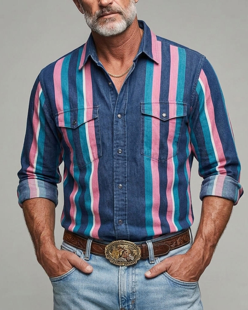 Men's Navy Pink Stripe Regular Fit Western Washed Denim Long Sleeve Shirt