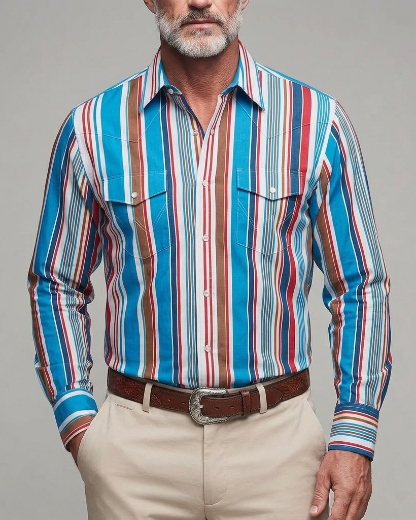 Men's Blue Brown Multicolor Stripe Regular Fit Western Retro Cotton Long Sleeve Shirt