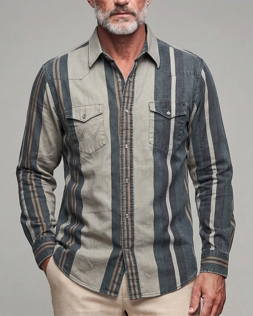 Men's Grey Khaki Stripe Regular Fit Western Washed Denim Long Sleeve Shirt