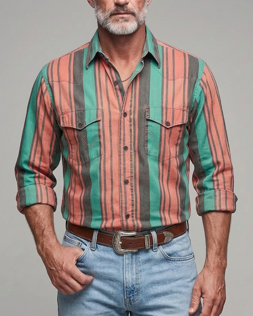 Men's Green Orange Stripe Regular Fit Western Retro Cotton Long Sleeve Shirt