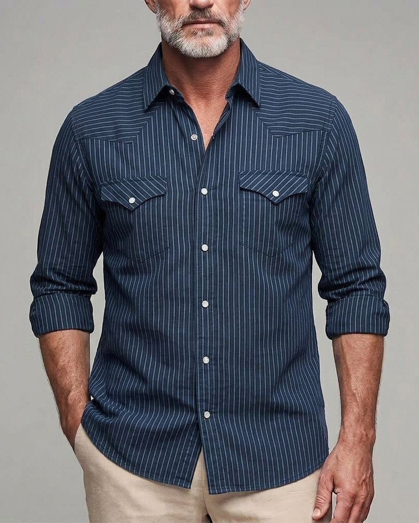 Men's Navy White Pinstripe Regular Fit Western Retro Cotton Long Sleeve Shirt