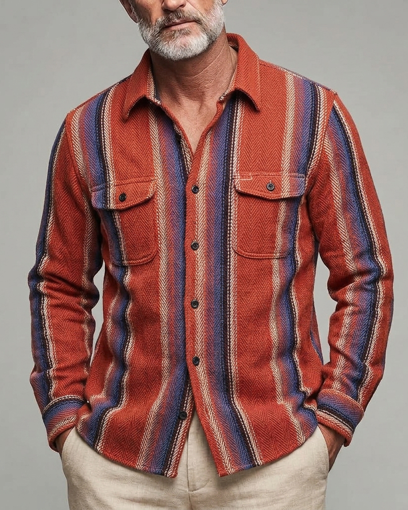 Men's Orange Blue Herringbone Stripe Regular Fit Retro Flannel Long Sleeve Shirt