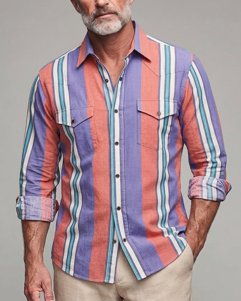 Men's Purple Orange Stripe Regular Fit Western Retro Cotton Long Sleeve Shirt