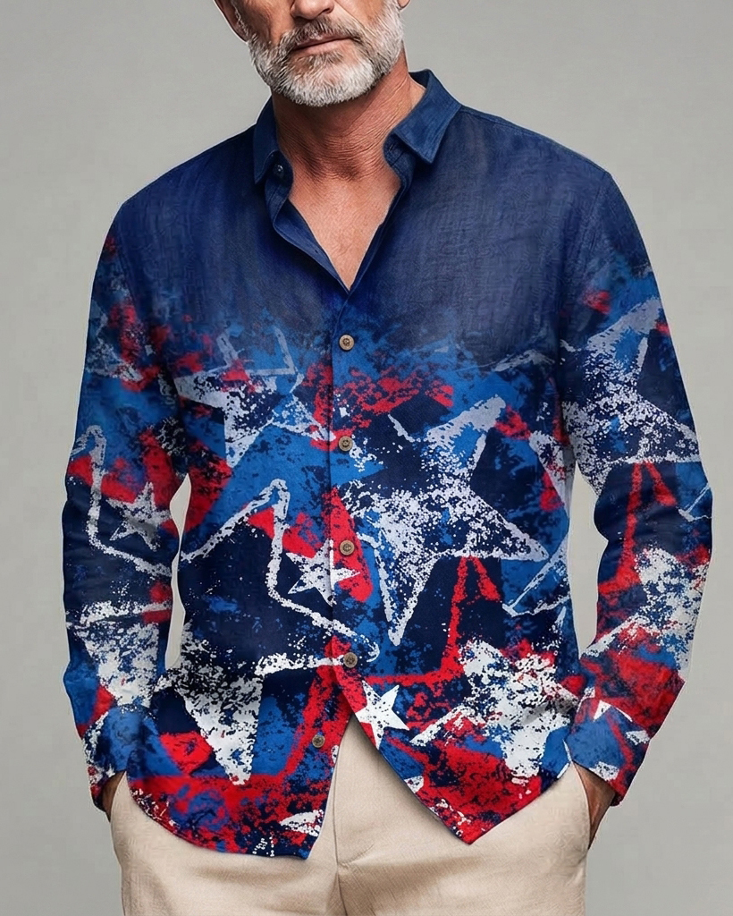 Men's Red Blue White Distressed Star Gradient Regular Fit Linen Blend Long Sleeve Shirt
