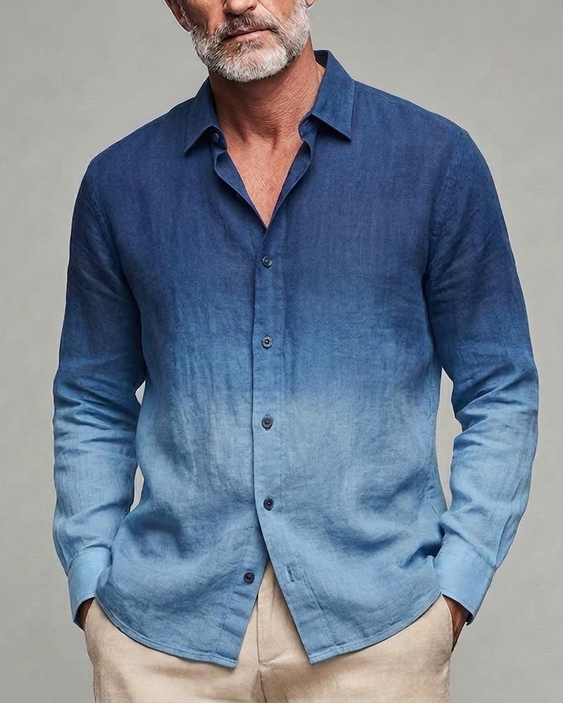 Men's Navy Light Blue Gradient Regular Fit Linen Blend Long Sleeve Shirt