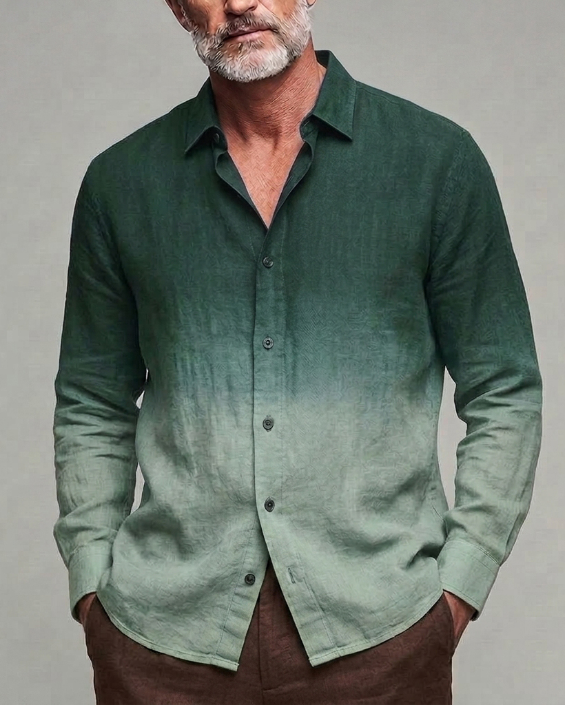 Men's Dark Green Light Green Gradient Regular Fit Linen Blend Long Sleeve Shirt