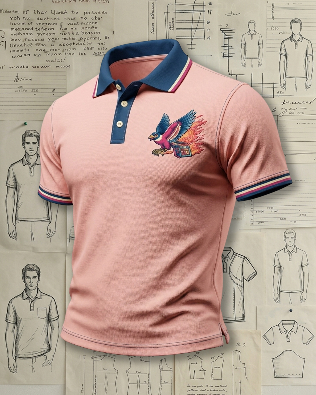 Retro Eagle Fire Graphic Pink Polo Shirt