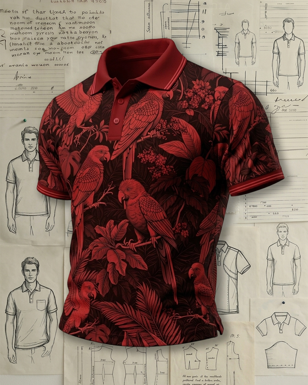 Men’s Parrot Print Short Sleeve Polo Shirt