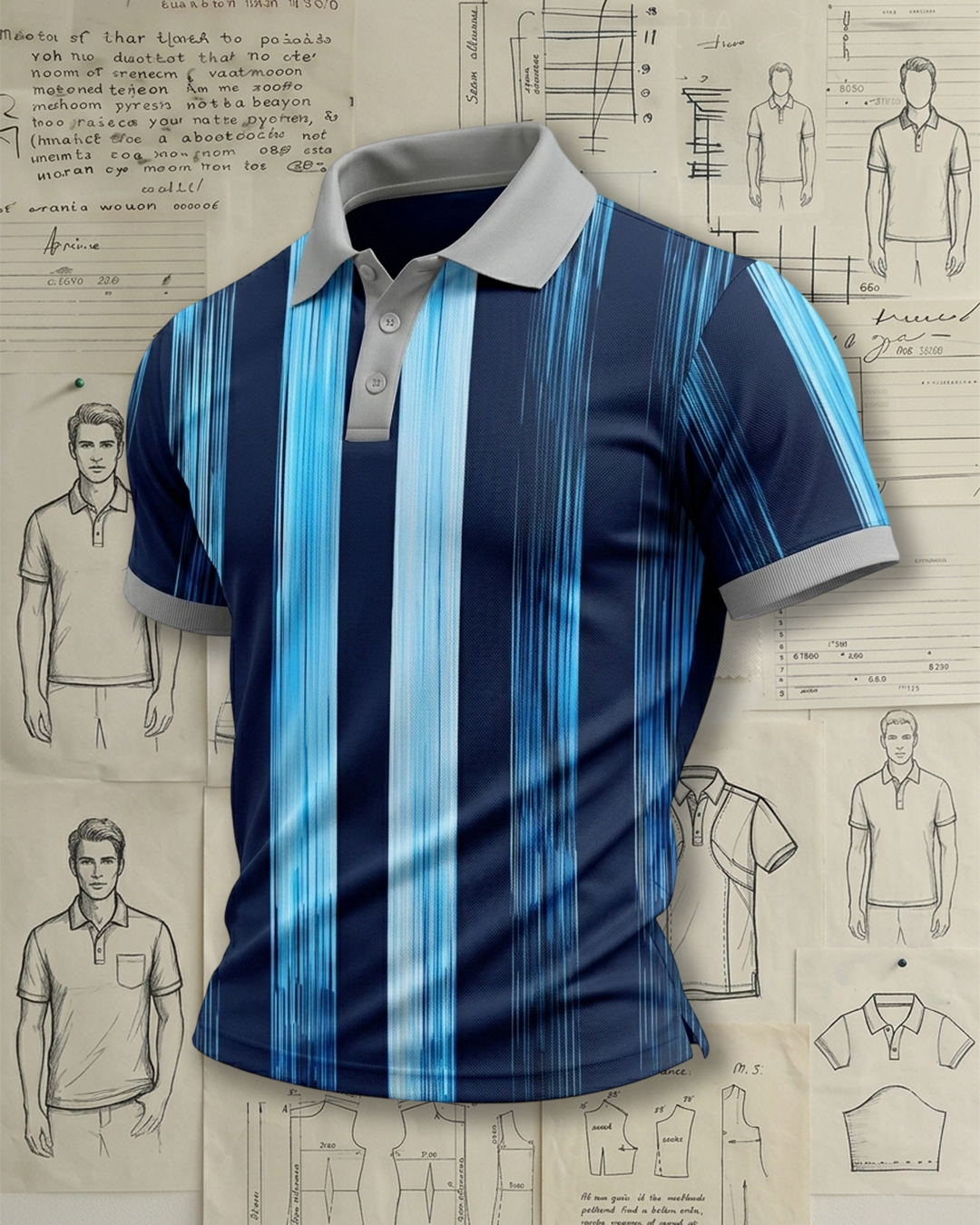 Navy Blue Vertical Stripes Athletic Style Sports Polo Shirt