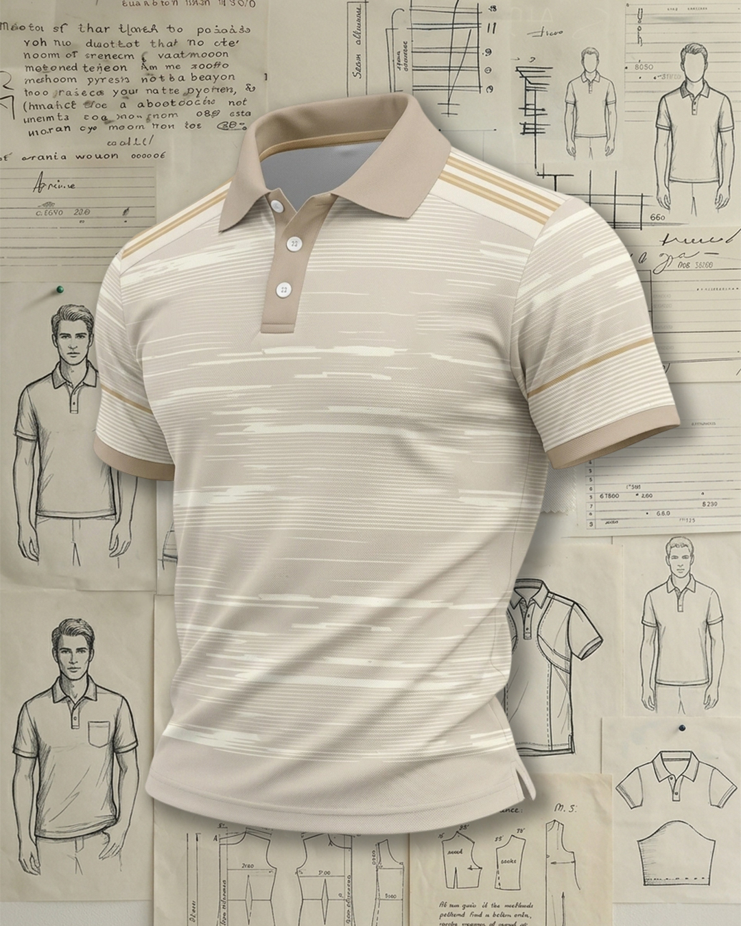 Khaki & White Stripes Speed Lines Athletic Style Sports Polo Shirt