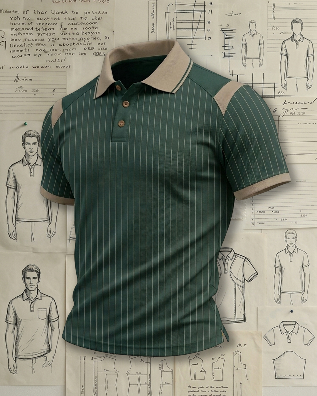 Dark Green & Khaki Stripes Patchwork Athletic Style Sports Polo Shirt