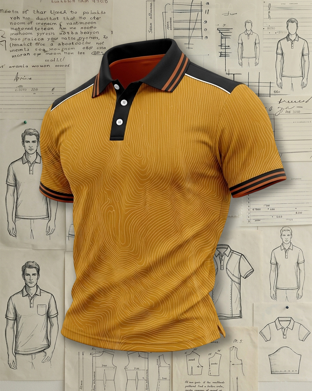 Turmeric & Black Patchwork Curves Athletic Style Sports Polo Shirt