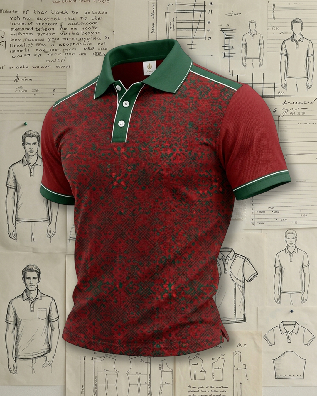Wine Red & Olive Green Retro Totem Athletic Style Sports Polo Shirt
