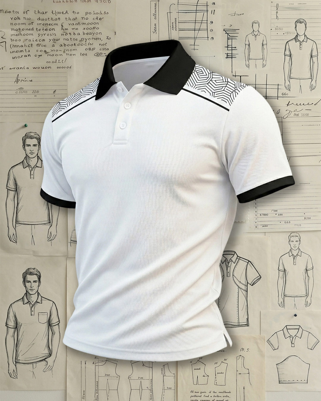 Cloud White & Black Geometric Curves Athletic Style Sports Polo Shirt