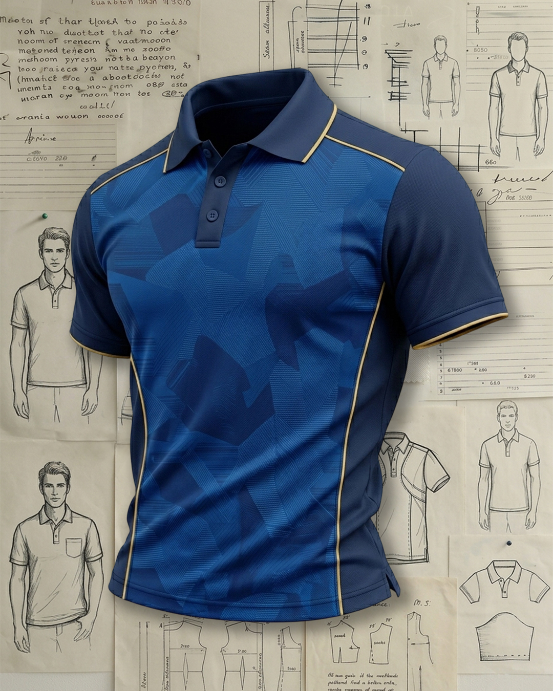 Navy Blue Geometric Subtle Pattern Panel Athletic Style Sports Polo Shirt